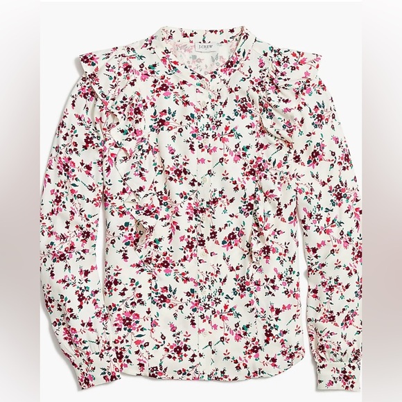 J Crew chic feminine long sleeve floral ruffle top size XS button front - Picture 2 of 16